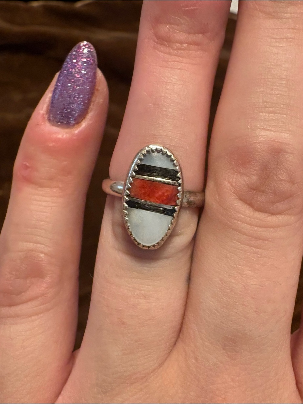 Oval Inlay Ring w/Coral & Pearl- Size 5.5